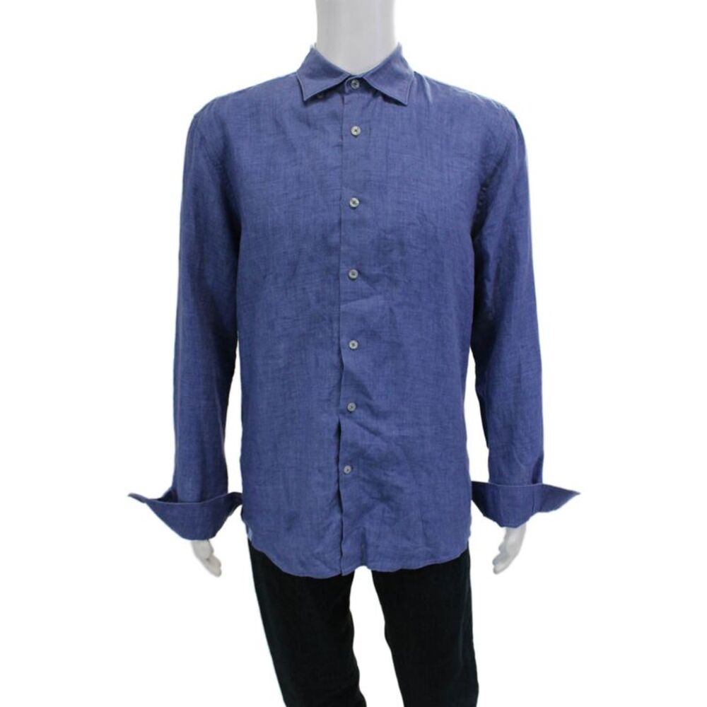 Les Canebiers Mens Linen Collared Long Sleeve Button Up Shirt Blue Size 3XL